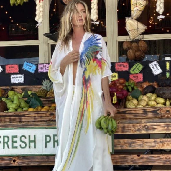 White Chiffon Kaftan with Colorful Macaw Print (S but really One Size) - Picture 1 of 1